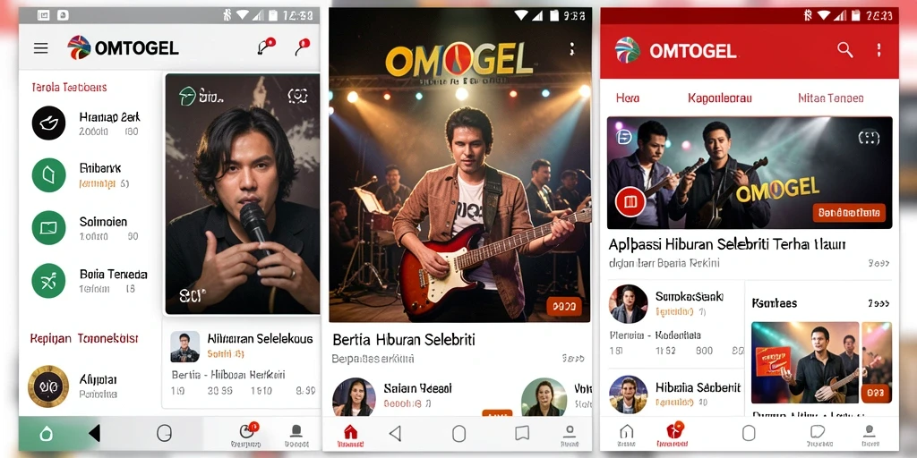 Antarmuka aplikasi OMTOGEL menampilkan berita selebriti terbaru dengan desain menarik.